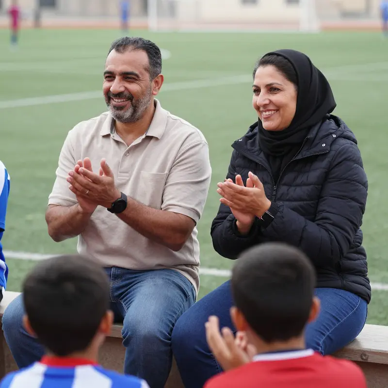 أب وأم مغربيان يصفقان ويشجعان بإيجابية من المدرجات أثناء اختبارات انتقاء الناشئين فـ كرة القدم.