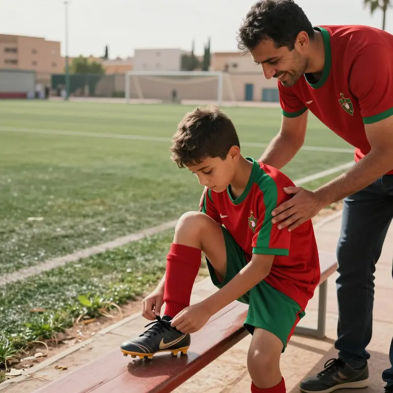 أب مغربي يضع يده على كتف ابنه المشجع أثناء ربط حذاء كرة القدم فـ ملعب رياضي بالمغرب، تعبيراً عن التحضير النفسي قبل اختبار الانتقاء.