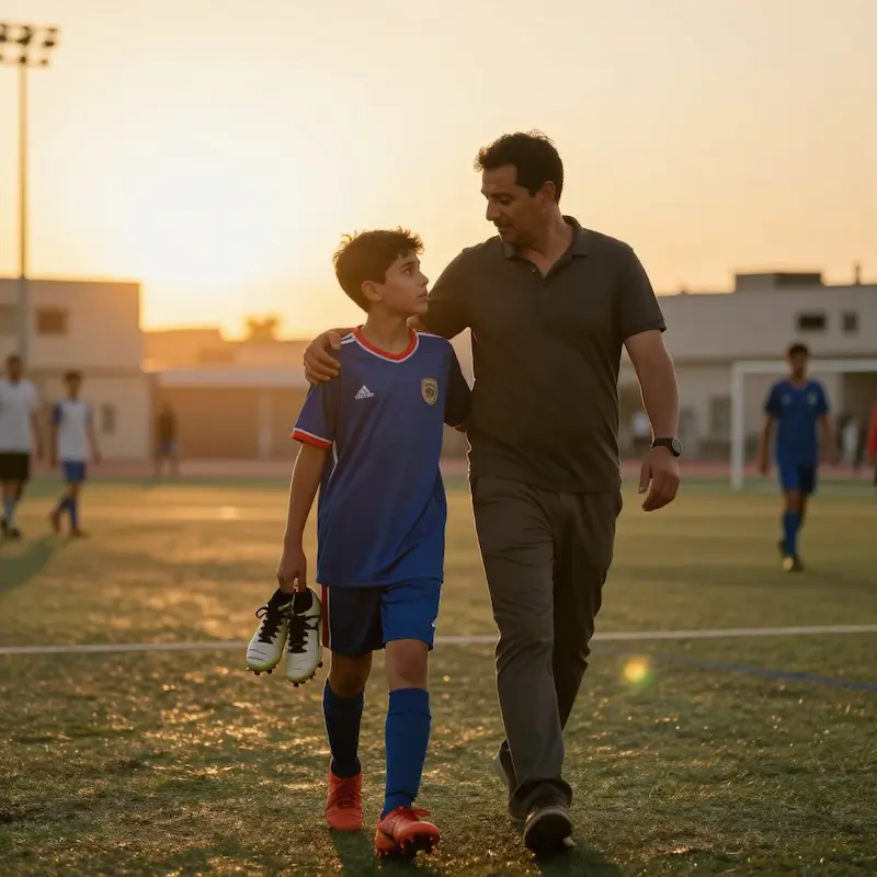أب مغربي يحتضن ابنه الناشئ ويمشيان فـ وسط ملعب كرة القدم بعد نهاية اختبار الانتقاء كرمز للدعم النفسي.